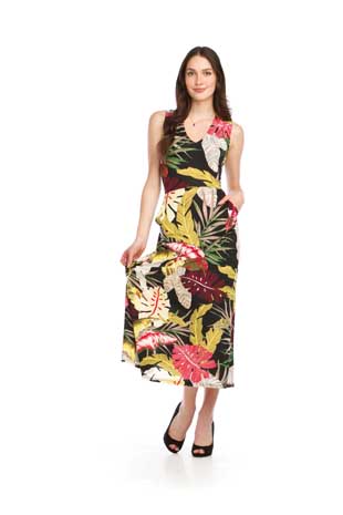 PD-16504 - TROPICAL PRINT STRETCH MAXI DRESS WITH POCKETS - Colors: AS SHOWN - Available Sizes:XS-XXL - Catalog Page:32 